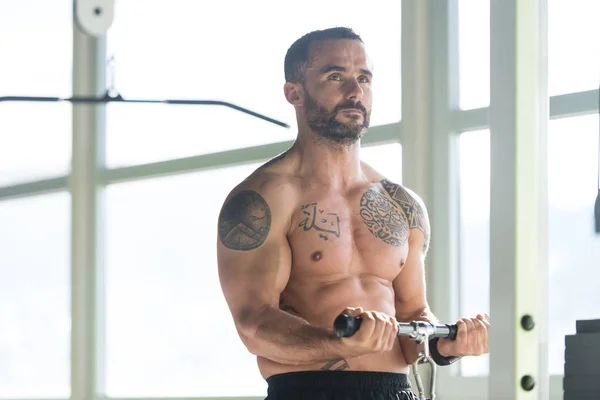 Hombre muscular ejercitando bíceps en la máquina de cable —  Fotos de Stock