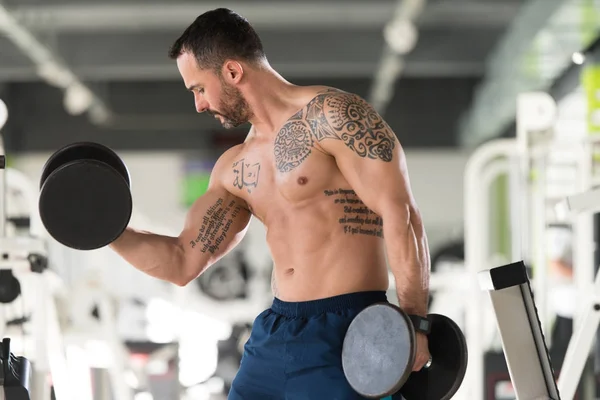 Bicipiti esercizio con manubri in una palestra — Foto Stock