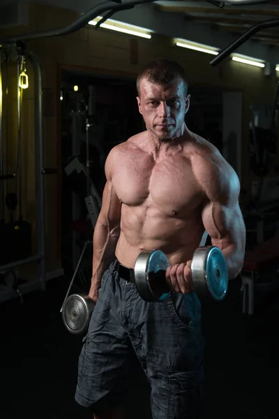 Człowiek robi ćwiczenia na biceps z hantlami Zdjęcia Stockowe bez tantiem