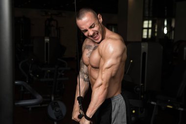 Bodybuilder Exercising Triceps On Machine clipart
