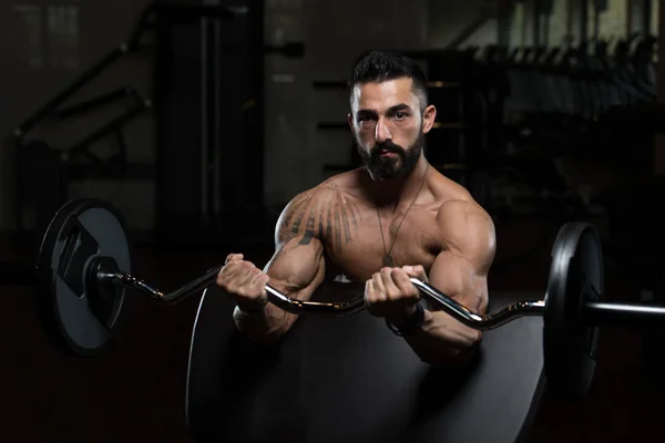 Άνθρωπος στο γυμναστήριο άσκηση δικέφαλους μυς με barbell — Φωτογραφία Αρχείου