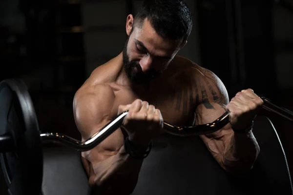 Mannen i gymmet träna biceps med skivstång — Stockfoto