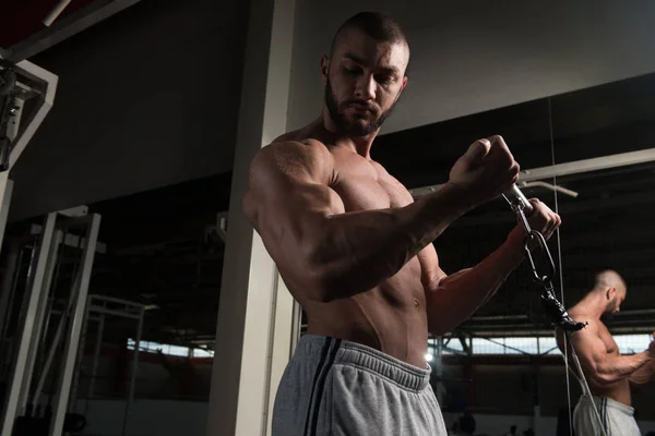 Potente hombre muscular ejercitando bíceps en la máquina de cable —  Fotos de Stock