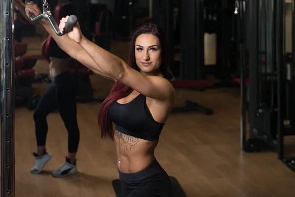 Mulher atraente fazendo exercício de peso pesado para tríceps — Fotografia de Stock