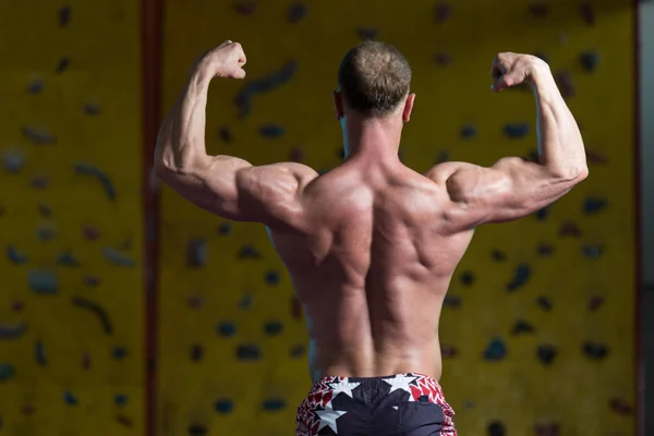 Muscular culturista mostrando su espalda doble bíceps — Foto de Stock
