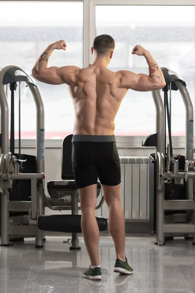 Hombre musculoso guapo flexionando músculos en el gimnasio —  Fotos de Stock