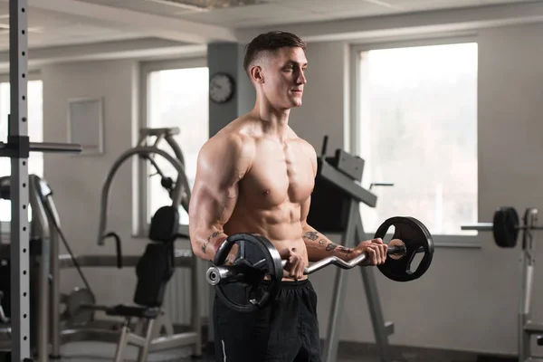 Muscular Young Man Exercising Biceps With Barbell — Stock Photo, Image