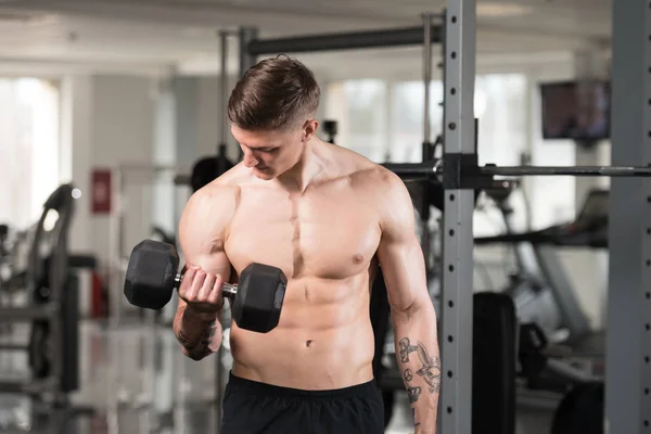 Biceps Exercise With Dumbbells In A Gym — Stock Photo, Image