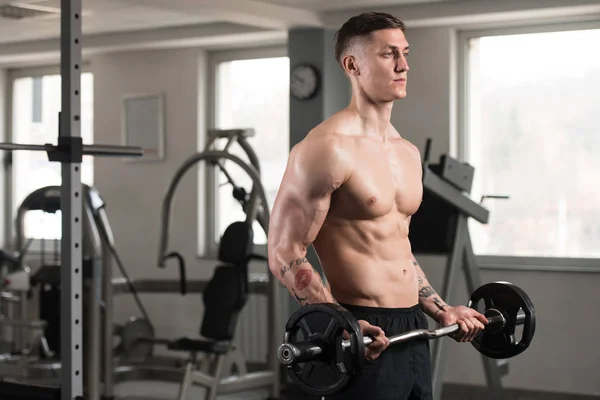 Hombre en el gimnasio ejercitando bíceps con barra —  Fotos de Stock