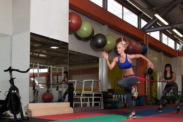 Woman Couple Train Together With Resistance Bands — Stock Photo, Image