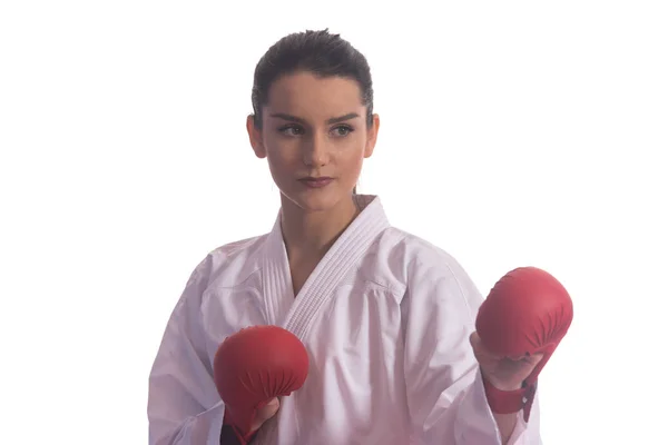 Retrato de uma mulher em Kimono fundo branco — Fotografia de Stock