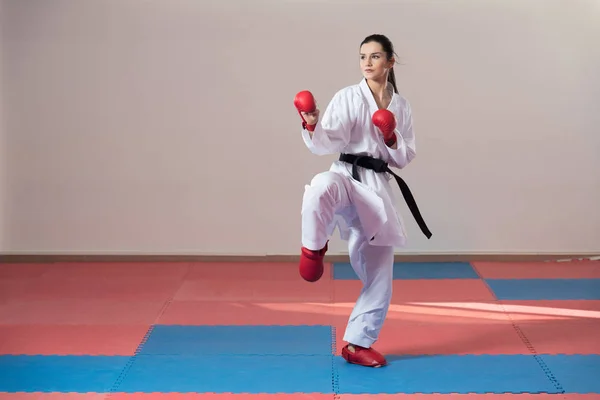 Zwarte gordel karate expert met strijd houding — Stockfoto