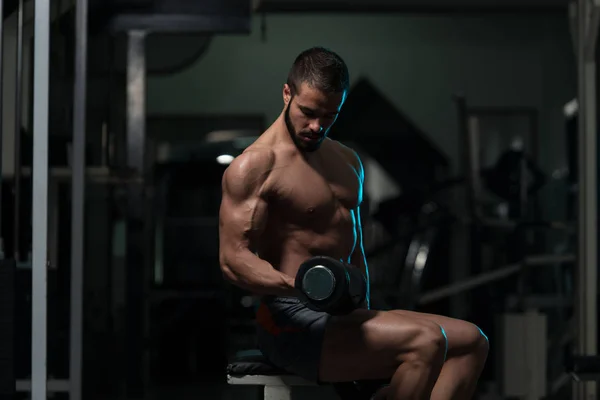 Biceps exercice avec haltères dans une salle de gym — Photo