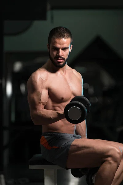 Athlete Exercising Biceps With Dumbbells — Stock Photo, Image