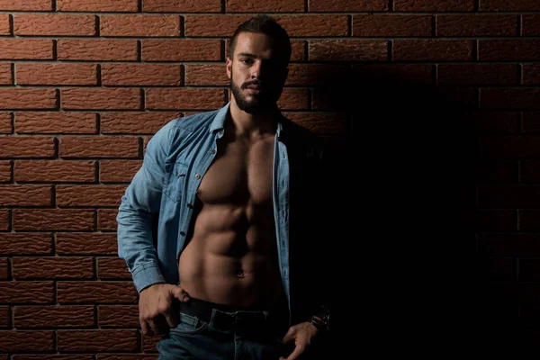 Model Standing Strong On Wall of Bricks — Stock Photo, Image