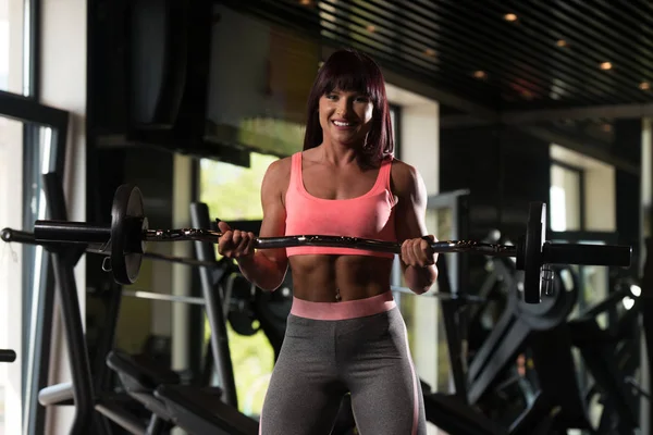 Kvinna i gymmet träna Biceps med skivstång — Stockfoto