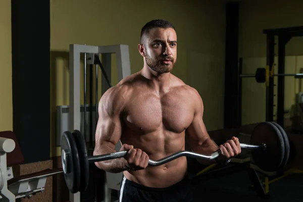 Muskulös Man tränar Biceps med skivstång — Stockfoto