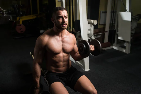 Biceps Exercise With Dumbbells In A Gym — Stock Photo, Image