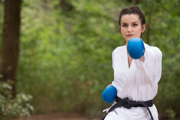 Expert Taekwondo Fighter z walki stanowiska w parku — Zdjęcie stockowe