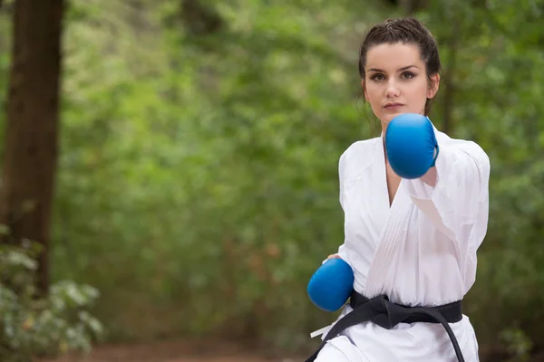 Taekwondo-Kämpfer mit Kampfhaltung im Park — Stockfoto