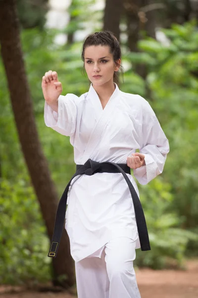 Esperto di karate cintura nera con posizione di combattimento — Foto Stock