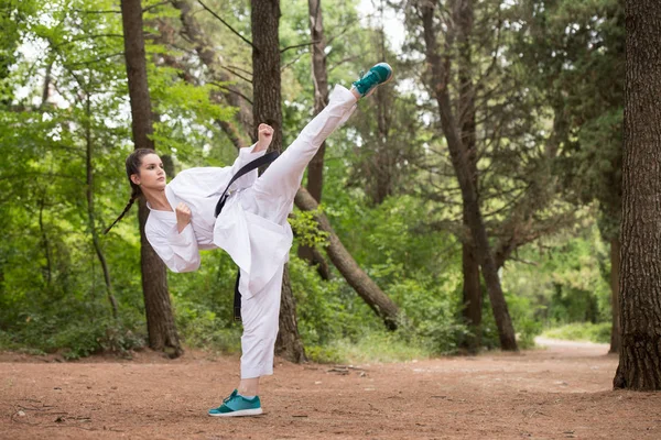 Taekwondo Fighter Expert Avec Fight Stance au parc — Photo