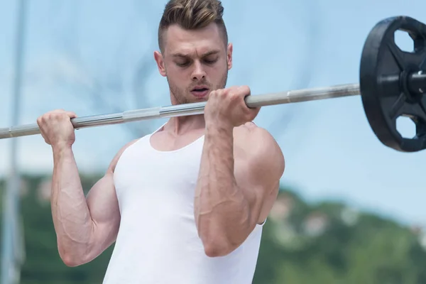 Mannen med skivstång tränar Biceps i skogen — Stockfoto
