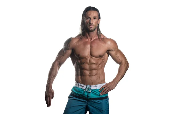 Muscular Bodybuilder Guy Posing Over White Background — Stock Photo, Image