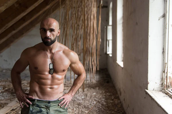 Muscular Model Flexing Muscles In Shelter — Stock Photo, Image