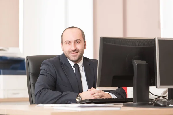 Bald Confident Businessman Smiles Barely — Stock Photo, Image