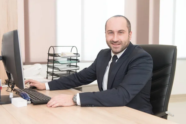 Bald Confident Businessman Smiles Barely — Stock Photo, Image