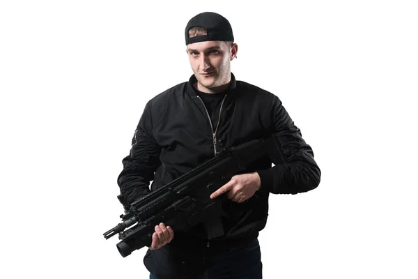 Man Isolated White Background Handgun Turns Aims Camera — Stock Photo, Image