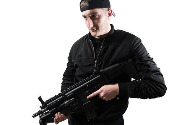 Homem Isolado Fundo Branco Com Uma Pistola Como Ele Vira — Fotografia de Stock