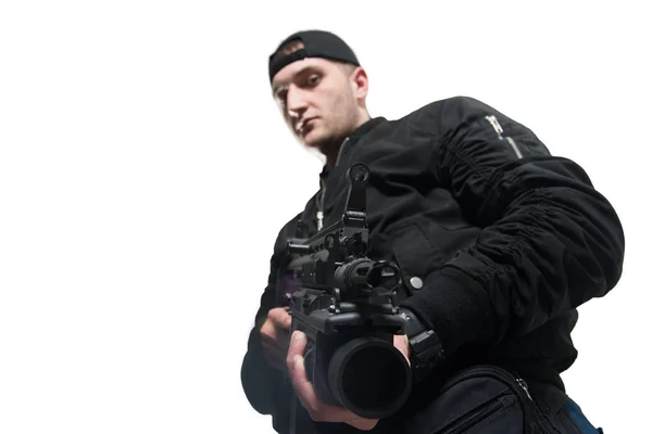 Man Isolated White Background Handgun Turns Aims Camera — Stock Photo, Image