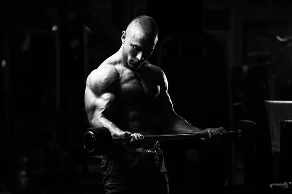 Muskulös Man tränar Biceps med skivstång — Stockfoto