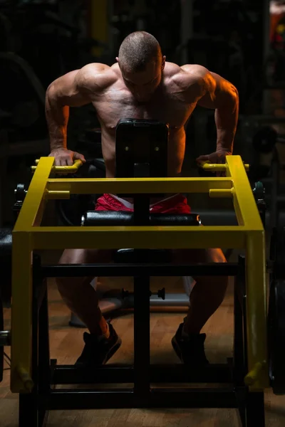 Man Doing Heavy Weight Exercise For Trapezius — Stock Photo, Image