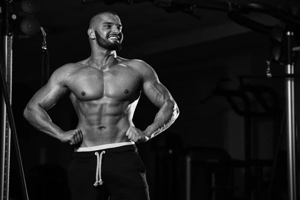 Healthy Young Man Standing Strong Gym Flexing Muscles Muscular Athletic — Stock Photo, Image