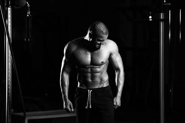 Handsome Young Man Standing Strong Gym Flexing Muscles Muscular Athletic — Stock Photo, Image