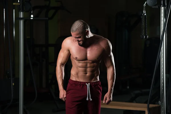 Handsome Young Man Standing Strong Gym Flexing Muscles Muscular Athletic — Stock Photo, Image