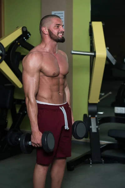 Man Werkt Uit Biceps Een Fitnessruimte Dumbbell Concentratie Krullen — Stockfoto