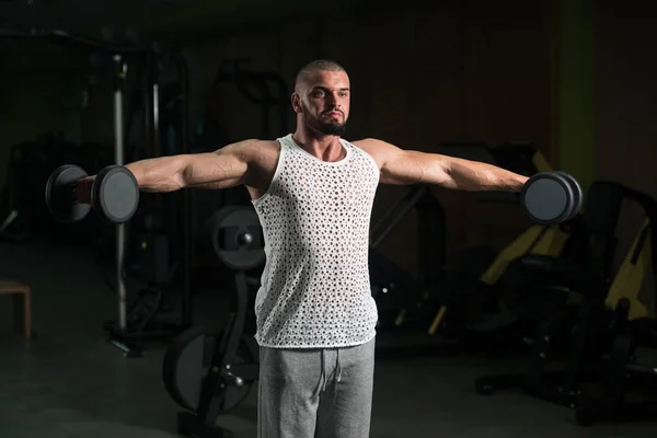 Homme Travaillant Sur Les Épaules Dans Une Salle Gym Boucles — Photo