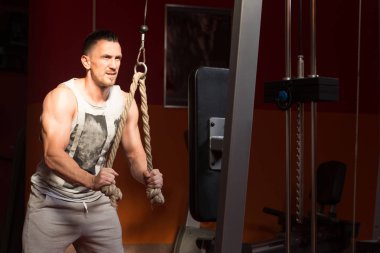 Yakışıklı kaslı Fitness vücut geliştirmeci ağır egzersiz jimnastik salonu makinede Triceps için yapmak