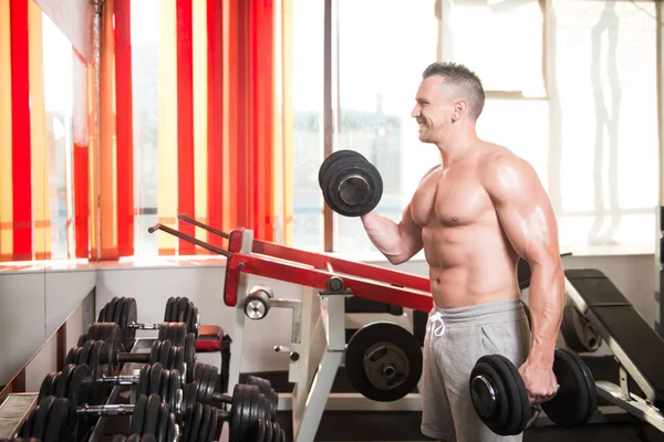 Man Werkt Uit Biceps Een Fitnessruimte Dumbbell Concentratie Krullen — Stockfoto