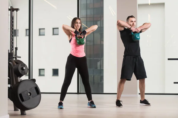 Fitness Woman Man Working Kettle Bell Gym Kettle Bell Exercise — Stock Photo, Image