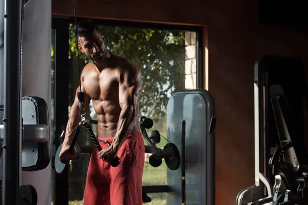 Bodybuilder Doing Heavy Exercise For Triceps With Cable — Stock Photo, Image