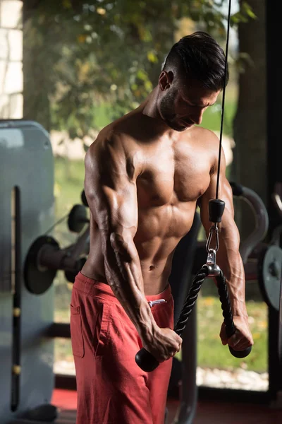 Hombre ejercitando tríceps en el gimnasio — Foto de Stock