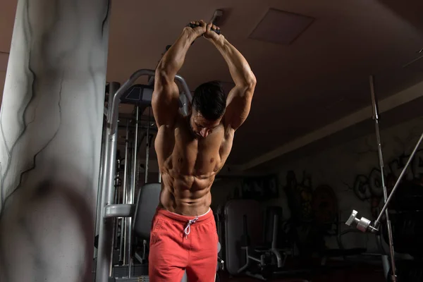 Bodybuilder faisant l'exercice lourd pour des triceps avec le câble — Photo
