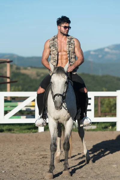 Hombre montando un caballo en hermoso día soleado —  Fotos de Stock