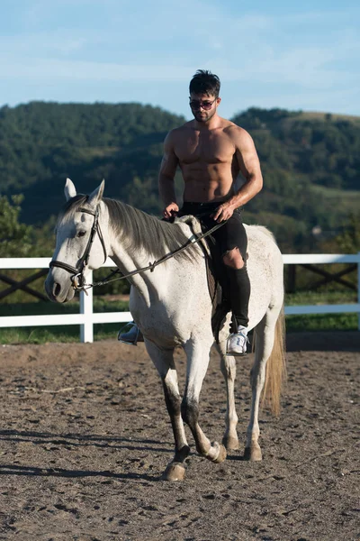 Homem bonito com equitação a cavalo — Fotografia de Stock