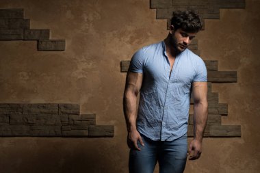 Bir tuğla arka plan karşı güçlü duran model